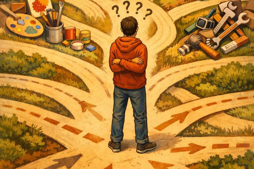 Une métaphore visuelle illustrant l'absurdité de ne choisir qu'un seul favori : une personne se tenant à un carrefour avec des dizaines de chemins, chacun menant à quelque chose de différent