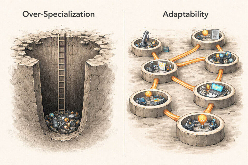 Une métaphore visuelle illustrant la fragilité de la surspécialisation : un seul puits profond ou puits de mine contre plusieurs puits plus petits reliés entre eux formant un réseau. 